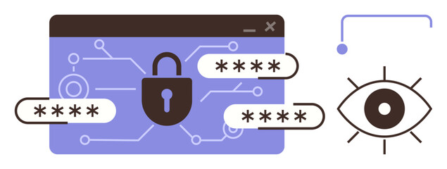 Poster - Padlock over circuit background with masked passwords and eye symbol. Ideal for cybersecurity, online privacy, data protection, secure login, authentication, surveillance, simple flat metaphor