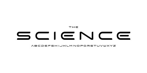 Poster - Science technology font, futuristic alphabet for scientific headline, medical digital product logo, display device typography, app UI typographic design. Modern vector typeset.