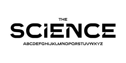 Poster - Science technology font, futuristic alphabet for scientific headline, medical digital product logo, display device typography, app UI typographic design. Modern vector typeset.