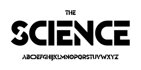 Poster - Science technology font, futuristic alphabet for scientific headline, medical digital product logo, display device typography, app UI typographic design. Modern vector typeset.