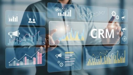 Poster - Person interacting with a digital interface displaying crm and various data visualizations