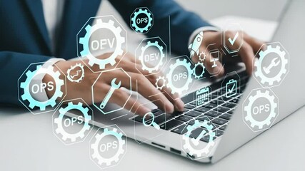 Aufkleber - Person typing on a laptop with devops icons overlayed on the keyboard and hands in the foreground