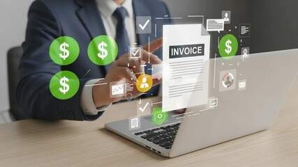 Aufkleber - Man in suit interacting with invoice document and floating digital business icons on a laptop screen