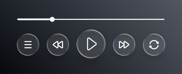 Poster - Liquid glass media player with buttons menu, play, rewind, fast forward and repeat on dark background. Web design illustration for user interface layout.