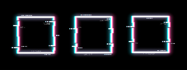 Poster - Three glitch frames with rgb effect on a black background. Digital distortion vector for video stream and screen technology concept.