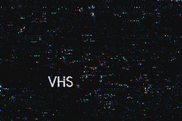 Poster - VHS video noise glitch vector. Digital pattern with colorful pixel errors. Retro screen distortion for broadcast.