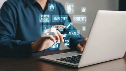 Fototapete - Person using laptop with employee benefits icons floating above the keyboard on a dark surface