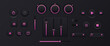 © Katerina Gems - Dark UI vector set of glowing neon pink music player controls in skeuomorphic style. Volume knobs, sliders, buttons for mobile or desktop apps, media interfaces, dashboards, and audio software.