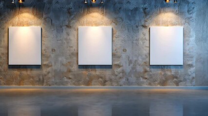 Fototapete - Art Gallery Showcase: A modern gallery space featuring three empty canvases, illuminated by spotlights against a textured wall, inviting artistic expression and creativity.