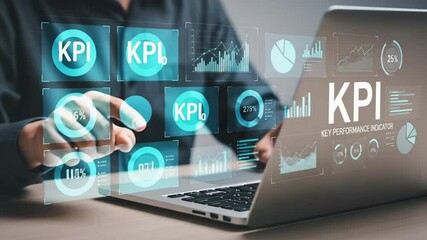 Aufkleber - Person interacting with kpi graphs and data on a laptop screen in a business setting indoors