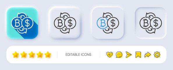 Poster - Bitcoin exchange line icon. Neumorphic, Flat shadow, 3d buttons. Cryptocurrency coin sign. Dollar money symbol. Line bitcoin exchange icon. Social media icons. Vector