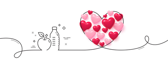 Poster - Healthy food and drink line icon. Continuous line big heart. Water with apple sign. Gym fit bottle symbol. 3d hearts in heart shaped loop. Healthy food single line ribbon. Loop curve pattern. Vector