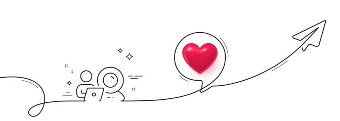 Poster - Video conference line icon. Continuous line with share plane. Online training sign. Webcam presentation symbol. 3d heart in speech bubble. Video conference single line ribbon. Vector