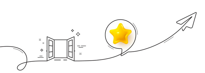 Poster - Open door line icon. Continuous line with share plane. Entrance doorway sign. Building exit symbol. 3d star in speech bubble. Open door single line ribbon. Loop curve pattern. Vector