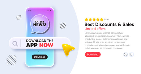 Poster - Latest news mobile phone banner. App chat speech bubble. Latest news tag. Media newspaper sign. Daily information symbol. Phone template with search bar. Download the app now. Vector