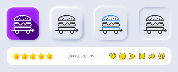 Poster - Food delivery line icon. Neumorphic, Flat shadow, 3d buttons. Cheeseburger meal sign. Catering service symbol. Line food delivery icon. Social media icons. Vector