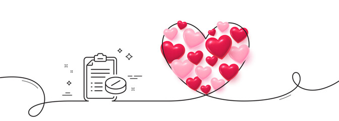 Poster - Medical prescription line icon. Continuous line big heart. Medicine pills sign. Pharmacy medication symbol. 3d hearts in heart shaped loop. Medical prescription single line ribbon. Vector