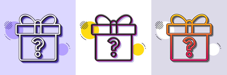 Poster - Gift box with Question mark line icon. Halftone dotted pattern. Gradient icon with grain shadow. Present or Sale sign. Birthday Shopping symbol. Package in Gift Wrap. Line secret gift icon. Vector