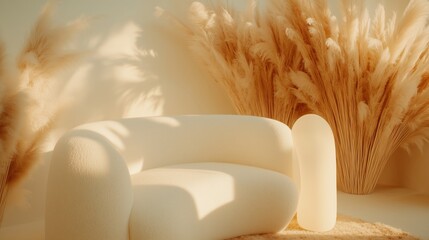Poster - Modern aesthetic living space featuring a cozy chair and elegant pampas grass in warm sunlight