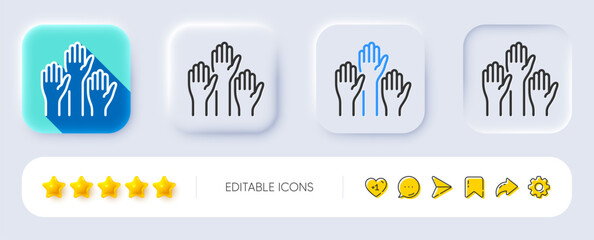 Poster - Voting hands line icon. Neumorphic, Flat shadow, 3d buttons. People vote by hand sign. Public election symbol. Line voting hands icon. Social media icons. Vector