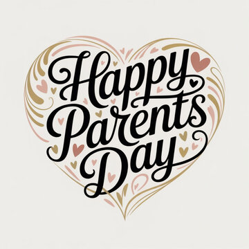 Happy Parents Day typography design, elegant script font, heart elements, decorative swirls, vector style, white background, celebratory, clean layout.
