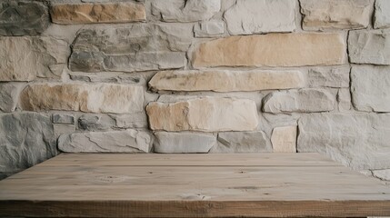 Poster - Rustic wooden table against a textured stone wall in a cozy indoor environment