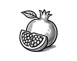 Poster - Detailed Pomegranate Illustration with Slice and Leaf on a Clean White Background
