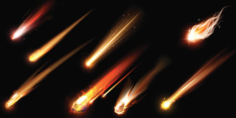 Wall Mural - Falling asteroid or comet with orange fire tail, realistic vector flying meteorite in space, burning rock, meteor shower