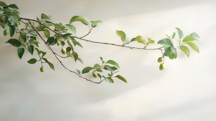 Poster - Lush green branch with unripe fruit against a soft, neutral background during daylight