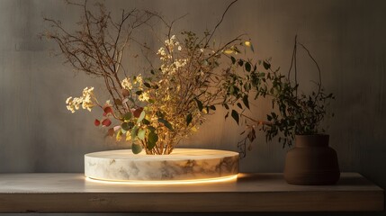 Poster - Elegant arrangement of dried flowers showcased with soft lighting in a minimalistic interior setting