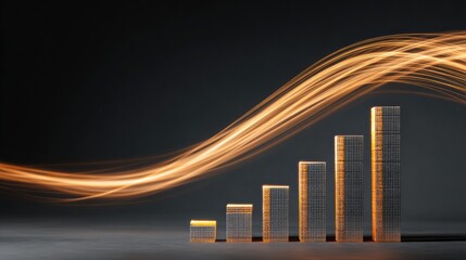 Poster - Stacked Bar Chart Illustrating Growth With Light Trails Against a Dark Neutral Background Showcasing the Trend of Progress Over Time