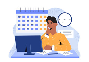 Poster - Man sitting at desk thinking while looking at computer monitor with calendar and clock in background, flat graphic style, concept of time management. Vector illustration