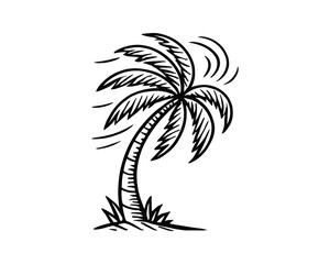 Poster - Stylized Palm Tree in the Wind Black and White Vector Illustration for Tropical Designs