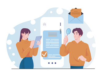 Poster - Two characters examine a digital document, one writing on a tablet and the other using a magnifying glass, on a blue abstract background. Concept of teamwork. Vector illustration