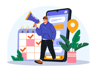 Poster - Young man holding megaphone stands near giant smartphone with chat interface and calendar with check marks, flat design, on white background. Concept of planning. Vector illustration