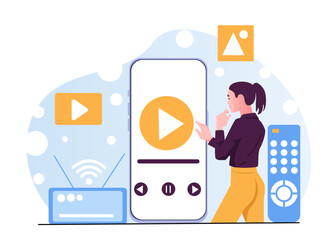 Poster - Woman touching large smartphone screen with video player interface, surrounded by media and tech icons, on abstract blue background. Concept of digital streaming. Vector illustration