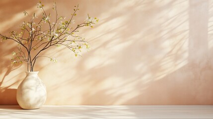 Poster - Blooming branch in a vase casts shadows on a warm wall, creating a serene indoor atmosphere in soft afternoon light