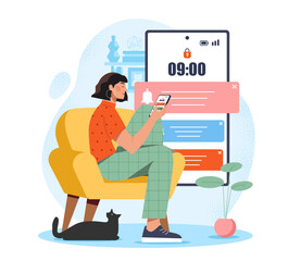 Poster - Woman sitting on yellow armchair using smartphone with large notification and lock screen icons in background, flat style on white background. Concept of digital habits. Vector illustration