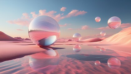 Wall Mural - surreal landscape with transparent spheres reflecting water and pink sand under a pastel sky in abstract style