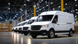 © Maksym - Minimalist warehouse interior with a clean row of white commercial vans lined up perfectly, ambient lighting creating subtle shadows and highlighting vehicle details