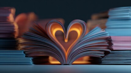 Aufkleber - Stacked Books Illuminated by a Glowing Heart Shape in the Center Create a Warm, Inviting Atmosphere for Readers