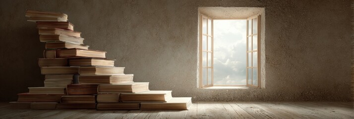 Aufkleber - Books Stacked to Create a Staircase Leading to a Sunny Open Window in a Quiet Room
