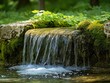 © Vins Pics - Fresh Natural Waterfall Flowing Over Mossy Rocks Surrounded by Green Plants in Forest Setting