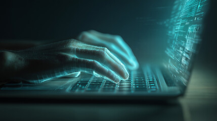 Poster - Glowing hands typing on a laptop keyboard with code overlay in a dark environment showing technology