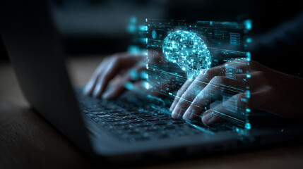 Poster - Person typing on a laptop with a digital brain overlay representing artificial intelligence concept