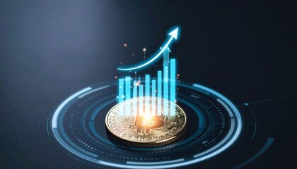 Poster - Digital cryptocurrency coin with glowing upward trending graph and data visualization elements symbolizing financial growth and digital currency success