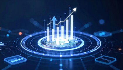 Poster - Digital Graph Data Visualization with Growth Arrow and Data Points Representing Business Analytics and Technology Progress on a Futuristic Dark Background