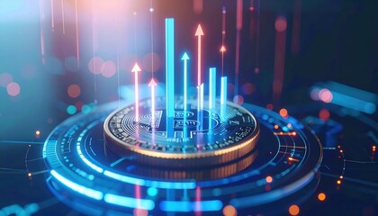 Poster - Futuristic digital data technology concept with glowing arrows rising from a central platform in a high-tech digital environment with vibrant neon light effects