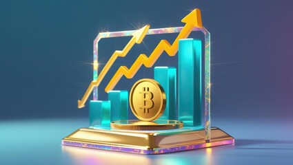 Poster - Digital financial growth and investment concept with rising bar charts and Bitcoin coin symbolizing cryptocurrency market trends and economic progress