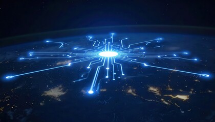 Poster - High tech digital glowing circuit board network interface connecting in a futuristic environment with vibrant blue light effects and intricate electronic pathways